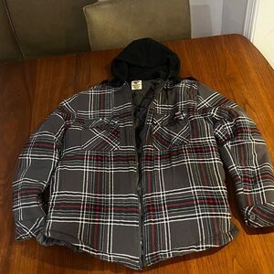 Dickies Men’s Hooded Flannel Jacket Plaid Black Red Gray Zip Front Workwear Med